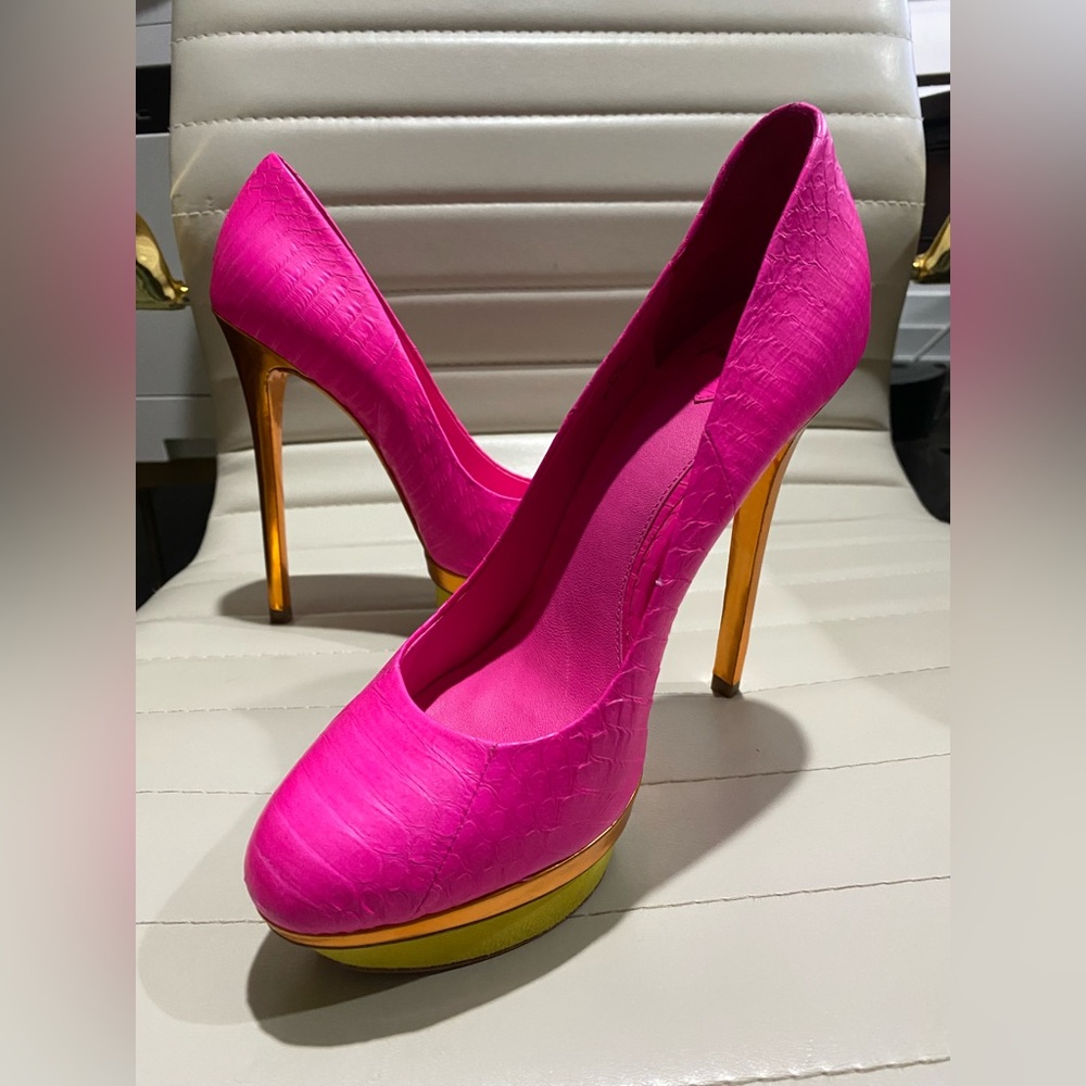 B Brian Atwood Fontaine pump - snakeskin / suede barbie pink * NEW * size 7